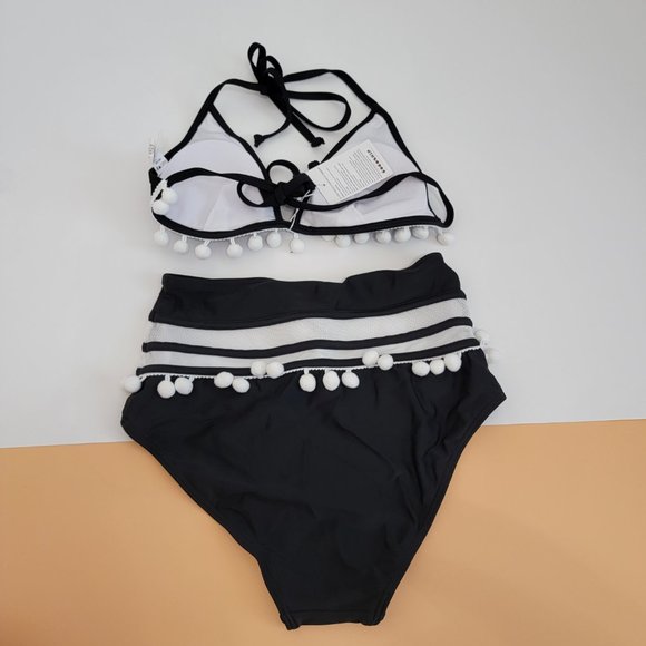 Women's Mesh Striped High Waist Bikini Set Tassel Trim Top Halter Straps NWT - Picture 9 of 9